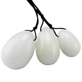 mookaitedecor White Jade Yoni Eggs Set of 3, Predrilled with Unwaxed String, Massage Stones for Women to Strengthen Pelvic Floor Muscles with Velvet Pouch