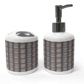 Ambesonne Cartoon Soap Dispenser & Toothbrush Holder Set, Doodle Happy Kittens Cat Lover Themed Continuous Pattern, Ceramic Bathroom Toiletry Accessories, 2 Pcs, Grey and Multicolor