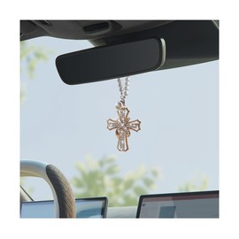 Zpana Bling Car Rearview Mirror Ornament, Crystal Rhinestone Cross Vehicle Rear View Mirror Pendant for Women Girls, Automotive Interior Hanging Charm, Universal for SUV RV Truck