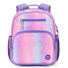 mibasies Girls Backpack for Elementary School, Backpack for Girls 5-8, Glitter Kids Backpacks for Girls（Purple）