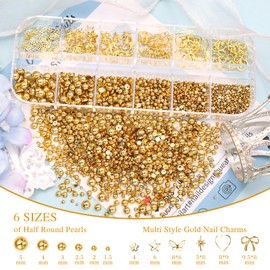 2 Boxes Gold Nail Charms, 3D Star Butterfly Nail Gold Charms Flower Bow Nail Rivet Charm, Multi Styles Crown Cross Alloy Nails Charm Half Pearls Beads for Nails Art Y2K Decor