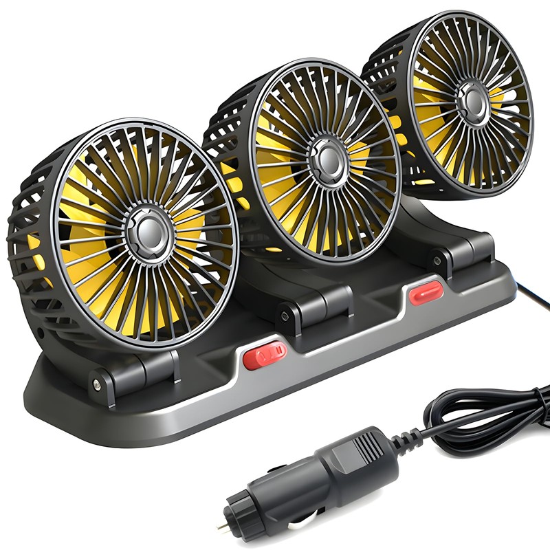 Glatiaofy 12V Car Cooling Three-Head Fan, 360° Rotation, 2-Speed Adjustable,