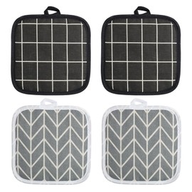 Pack of 4 Cotton Pot Holders, 18 x 18 cm, Heat Resistant Pot Holders, Cotton Pot Holders, Pot Holders with Gripping Pockets, Washable, for Cooking and Baking, Kitchen Accessories in Black and Grey