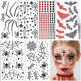 6Sheets Spider Face Gems Black Face Jewels for Women Halloween