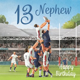 Hunts England - 13th Nephew Rugby Birthday Card - Milo's Gallery - Age 13 Sport Fun Birthday Card For Nephew - Birthday Card For 13 Year Old Rugby Fan - Age Thirteen