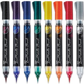 Pentel Arts Dual Metallic Brush Marker Pens - Iridescent Glitter Ink - Fine to Wide Stroke - Pack of 8