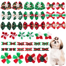40 Pcs Christmas Red and Green Small Dog Hair Bows Cute Puppy Dog Bowknot Hair Bow Bulk with Rubber Bands Elastic Lace Rhinestone Pearls Hair Ties Mix Style Flower Topknot Ball Bows Accessories
