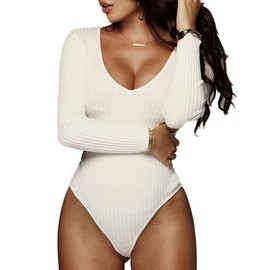 Weigou Women Jumpsuits Deep V Neck Long Sleeve Bodycon Stretch Jumpsuit Leotard Bodysuit Tops (White, S)