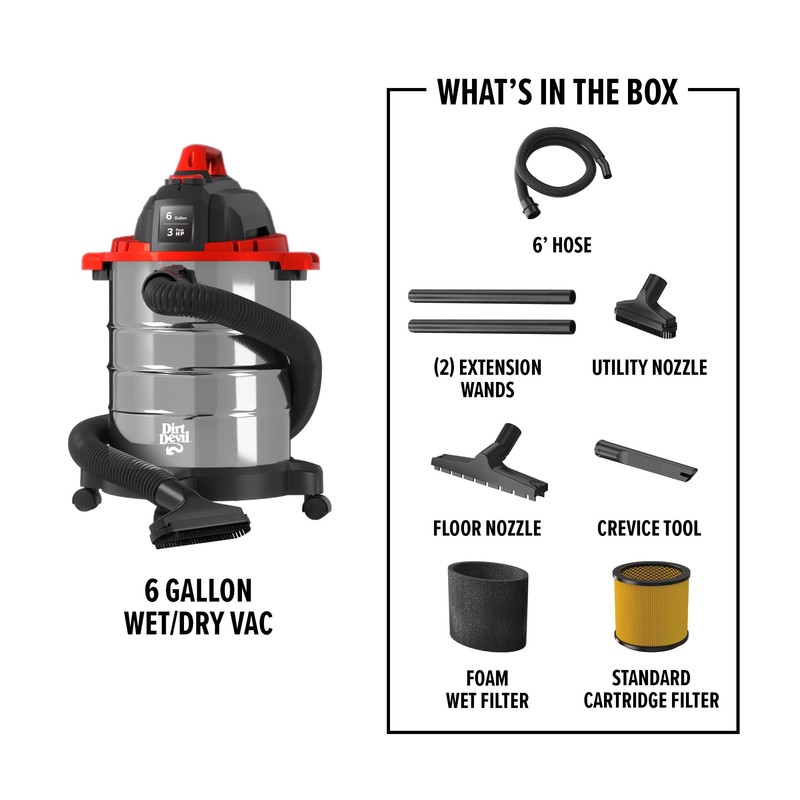 Dirt Devil 6 Gallon Corded Wet Dry Shop Vacuum, Portable,