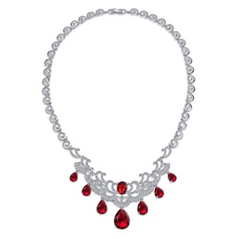 Vintage Estate Jewelry Art Deco Style Baguette AAA CZ Simulated Ruby Red Large Dangling Teardrops Bib Statement Bridal Collar Necklace for Women, Wedding
