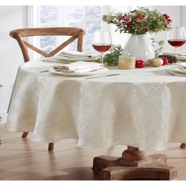 Newbridge Metallic Snowflake Christmas No-Iron Soil Resistant Fabric Holiday Tablecloth, Ivory/Gold (60" x 84" Oval, Ivory-Gold)