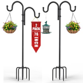 PELUOMOZ 2PCS 76 in Double Shepherds Hooks Two Sided Adjustable Bird Feeder Pole 5 Prongs Base, Heavy Duty Hook Stand for Hanging Basket, Lantern, Lights Wedding Decor