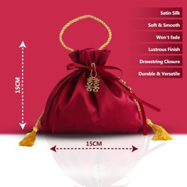 Premium Silk Gift Bag - Gift Pouch - With Drawstring Closure - Pendant and String Included - Wedding or party favors - Jewellery storage - Coin purses - Valentine Gift (Pack of 12, Red)