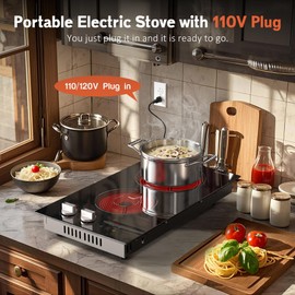 2 Bruner Electric Cooktop, Plug in Cooktop 110v, 12 Inch Kitchen Electric Stove Countertop & Built-In, Knob and Touch Control, 9 Power Levels, 2000w, Safety Lock, Pause, Timer, Karienvir