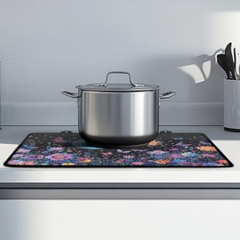 Txsniver Glass Ceramic Top Stove Cover Washable Foldable Induction Cooktop Protector Mat Electric Stovetop Cover with Non-Slip Rubber Backing, 29 x 21 Inch, Butterfly Floral Sun Moon Star