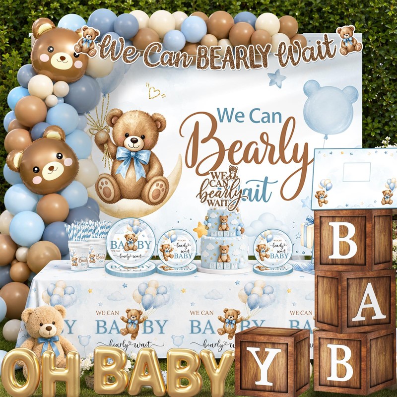 Bear Baby Shower Decorations,260pcs All-in-1 Blue Bear Party Decorations Plates