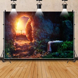 Pnylzzyxh Jesus Christ Cross Backdrop Crucifixion Shroud Resurrection of Jesus Tomb Holy Lights Decorations Background Sunrise Mountain Backdrop Easter Church Events Studio Props 10x8ft