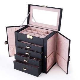 Knocbel Jewelry Box 5-Layer Case Lockable Jewelry Organizer with Necklace Hooks, Ring Rolls, Earring Cards, 4 Storage Drawers and 2 Side Swing Doors, 10.43" W x 6.10" D x 11.14" H Black