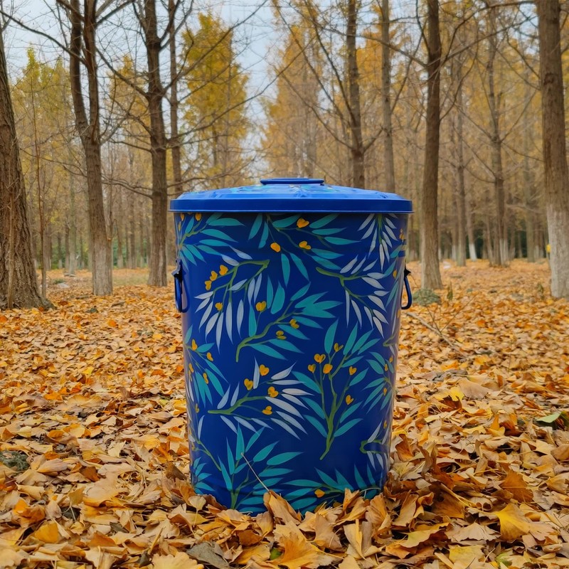 HOZUSO Hand Painted Metal Trash Can with Lid Recycling Canister