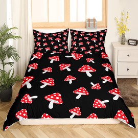 Cute Mushroom Decor Bedding Set Cartoon Mushrooms Pattern Comforter Cover Set for Kids Teens Kawaii Fungus Duvet Cover Wild Mushroom Stuff Red Bedspread Cover Room Decor 2Pcs With 1 Pillow Case Twin