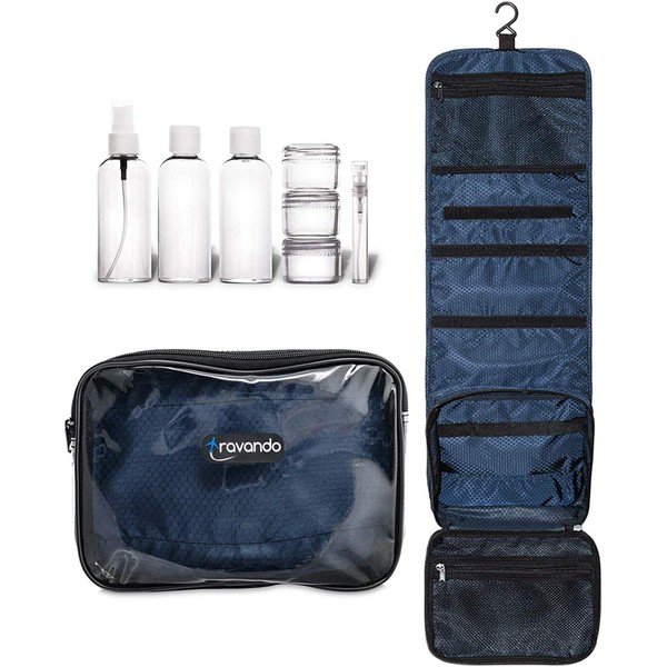 TRAVANDO ® Flexi Hanging Toiletry Bag + 7 Liquid Containers - Foldable Travel Toiletry Bag - Removable Transparent Wash Bag - Ideal for Travel - 3-Piece Travel Set Men Women, navy, Toiletry bag