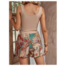 BEAUDRM Women's 2 Piece Floral Boho Outfit Sleeveless Square Neck Tank Top and Tribal Print Belted Shorts Vacation Sets Multicolor Small