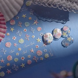 1 Sheets Embossed Seashell Nail Decals for Nail Art Summer Beach Nail Stickers Ocean Coral Starfish Nail Art Stickers 5d Self-Adhesive Flower Nail Design Decals for Women Acrylic Nails Decoration