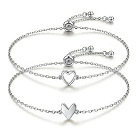 Camhanno Silver Bracelets for Women, Waterproof Stainless Steel Double Heart Chain Bracelet, Symbol of Love & Friendship, Adjustable Dainty Jewelry Gift for Valentine’s Day, Birthday, Anniversary, Christmas (Stainless Steel)