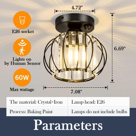 YYJLX Indoor Motion Sensor Ceiling Light Fixture Modern Cryatal Semi Flush Mount Ceiling Light Black Ovrehead Light Fixture for Porch Hallway Front Entryway Kitchen Hall Garage.