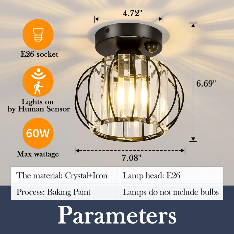 YYJLX Indoor Motion Sensor Ceiling Light Fixture Modern Cryatal Semi