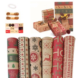 Wrapping Paper Set 50 x 70 cm/19.7 x 27.5 inches, 6 Sheets of Wrapping Paper Kraft Paper, 1 Double-Sided Ribbon, 10 m and 2 Kraft Paper Rope, Colourful Gift Paper Natural Birthday Paper with Stickers