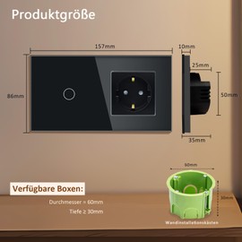 TAWOIA Switch with Socket Combination, EU Single 1 Way Crystal Glass Touch Switch, Type F Plug, Schuko, 16 A Socket, 157 x 86 mm