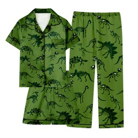 Umeyda Boys Silk Satin Pajamas Set Short Sleeve Sleepwear Pjs Set, Green Dinosaur, 9-10 Years