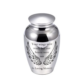 Premium Silvery Aluminum Alloy Pet Cremation Urn for Dogs and Cats Ashes - Engraved with Wings & Loving Quote - Small Size Ideal Memorial Keepsake for Miniature Pets