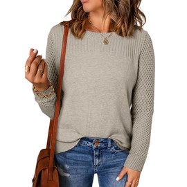 EVALESS Womens Trendy Long Sleeve Crewneck Cable Knit Dressy Casual Work Tops 2024 Fashion Oversized Chunky Winter Fall Sweaters Pullover Outfits,Parchment Large