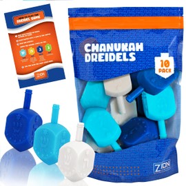 Zion Judaica Hanukkah Dreidels Multi Blue, White Medium Size Dridels Bulk Plastic Drydlech Hebrew Letters and English Transliteration Includes Traditional Chanukah Game Guide Ziplock Bag Hanuka Fun