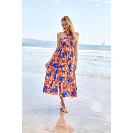 2024 Summer Women's Criss Cross Halterneck Sleeveless Floral Print Flowy A Line Maxi Dress Blue Flowers XL