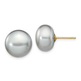 14K Yellow Gold 11-12mm Grey Button FW Cultured Pearl Stud Post Earrings