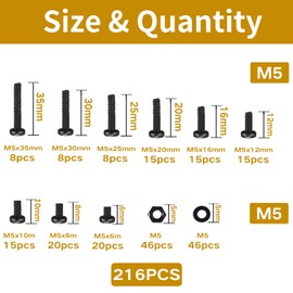 Zmbroll M5 Black Cross Pan Head Machine Screws M5x6/8/10/12/16/20/25/30/35mm Metric Machine Screw Black Fully Thread Electricians Screw Flat Washers and Nuts Hardware Assortment Kit
