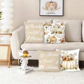 COZZSNUGE Autumn Pumpkin Cushion Covers Beige Orange Pumpkins Floral Fall Thanksgiving Farmhouse Velvety Decorative Pillowcases for Sofa Bed Home Patio 45 x 45 cm Set of 4