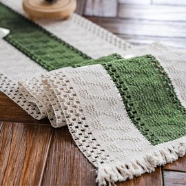 Weldomcor Macrame Table Runner Cream Beige and Green Boho Table Runner with Tassels Hand Woven Cotton Table Runner Rustic Farmhouse Table Runner for Bohemian Kitchen Dining Table 30 x 180 cm