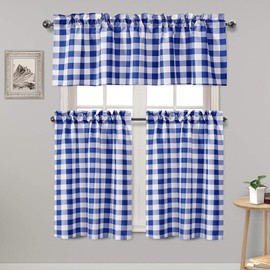 Hiasan 3 Piece Semi Sheer Kitchen Curtains - Light Filtering Buffalo Plaid Tier and Valance Window Curtains Set, Royal Blue and White, 52 W x 18 L (1 Panel) + 26 W x 36 L (2 Panels)