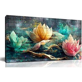 GUGIKA Lotus Flower Wall Art for Living Room, Floral Canvas Wall Decor for Bedroom, Teal Vintage Print Painting, Colorful Artwork for Home, Aesthetic Picture Decoration, Size 40x20