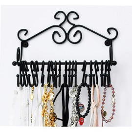 ARAD Scrollwork Design Wall Mounted Black Metal Jewelry Storage Organizer Rack w/ 20 Hanging S-Hooks