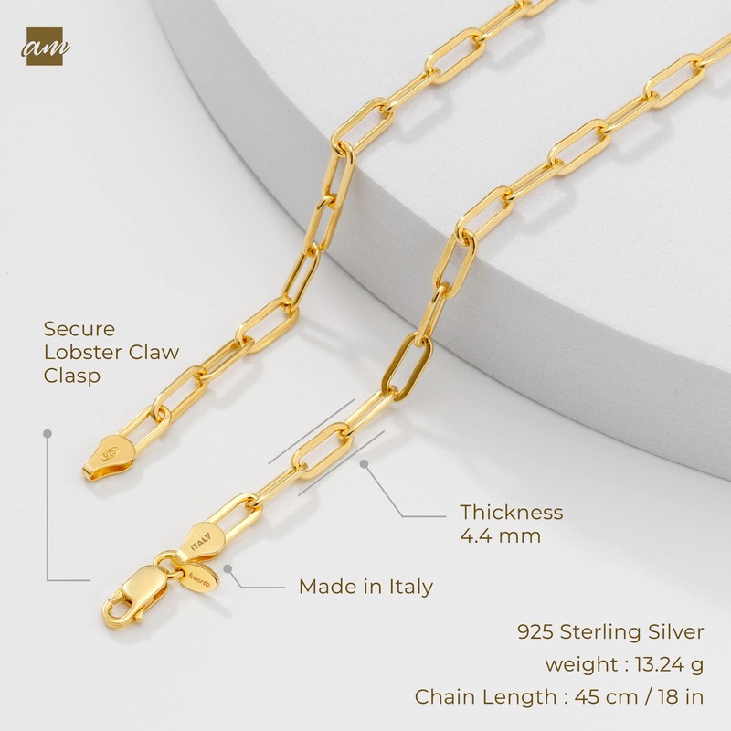Amberta Women's Paper Clip Necklace 925 Sterling Silver, Sterling Silver
