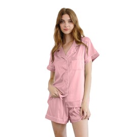 Queens Bridal Pajama Set For Women Short Sleeve Sleepwear Satin Silk Button Down Loungewear Sleepwear 2 pieces (Sandalwood, X-Large)