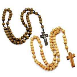 Ryaupy 2 x Jerusalem Rosary Made of Olive Wood, Handmade Crucifix Necklace, Religious Jewellery with Catholic Medal for Men and Women (Dark and Wood Colours), Metal