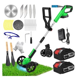Electric Weed Wacker Eater Cordless, Weed Wacker Battery Powered, Weed Trimmer with 2 21V/2Ah Battery Operated & 25 Blades & Wheels, No-String Grass Trimmer/Brush Cutter/Edger for Garden Yard