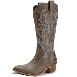 Athlefit Cowboy Boots for Women Western Cowgirl Boots Fashion Embroidered Pointed Toe Chunky Heel Black Mid Calf Boots Size 8