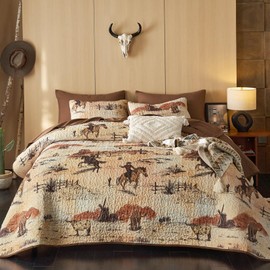 Wake In Cloud - Western Quilt Set, Cowboy Southwestern Country Vintage Native American Rustic Ranch Life, Reversible Lightweight Bedspread Coverlet, 3 Pieces, Ochre Brown, Queen/Full Size